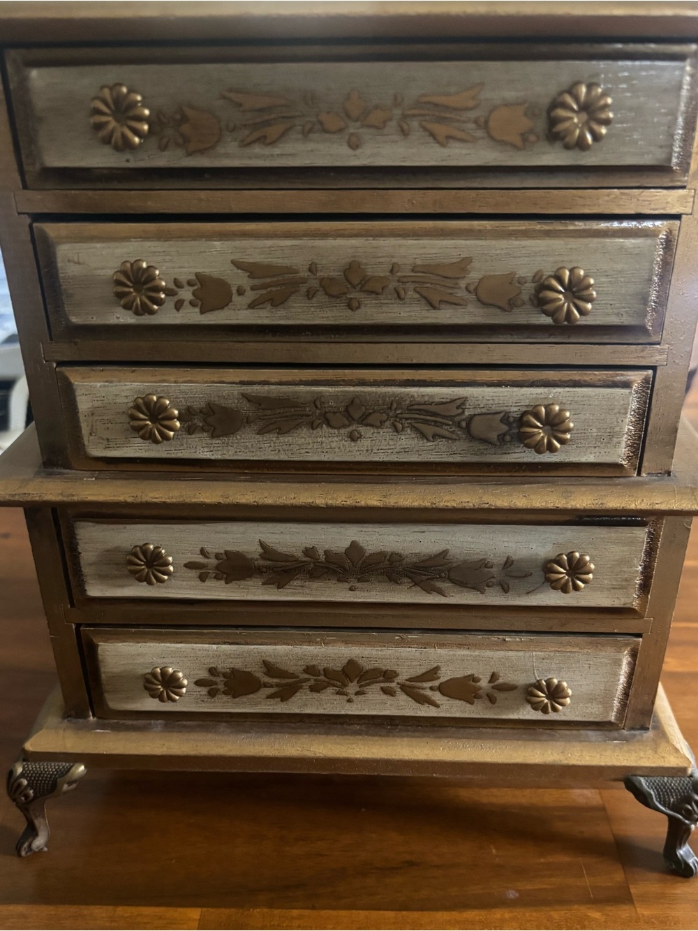 Vintage Japanese Wood Jewelry Music box in Decorative Gold and Cream